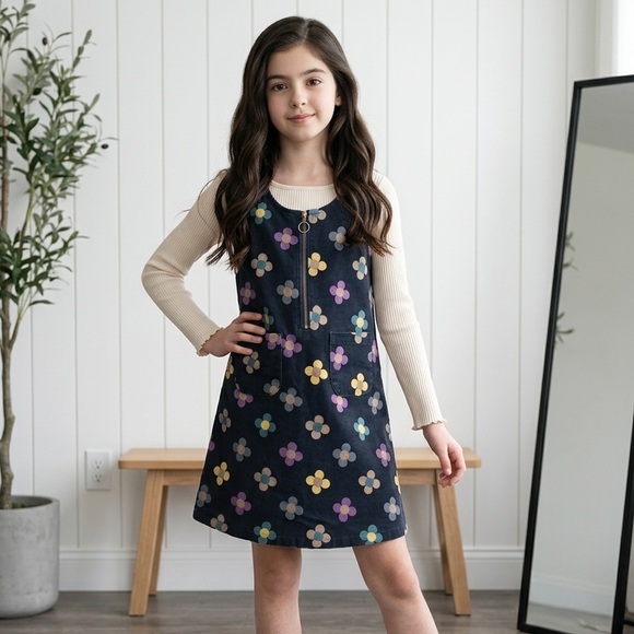 Bisby Other - Bisby Jumper Dress Girl’s 12 L Navy Blue Retro Flower Power Zip-Front